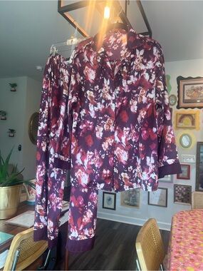 Free People Satin Floral Pajama Set in Plum and Pink